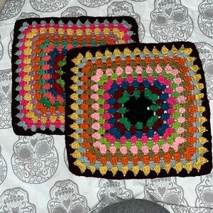 Two Vintage Handmade Multicolored Square Crochet Pot Holders.